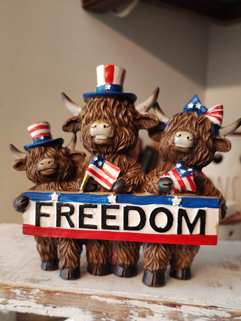 Patriotic Freedom Highland Cow Figurine Trio